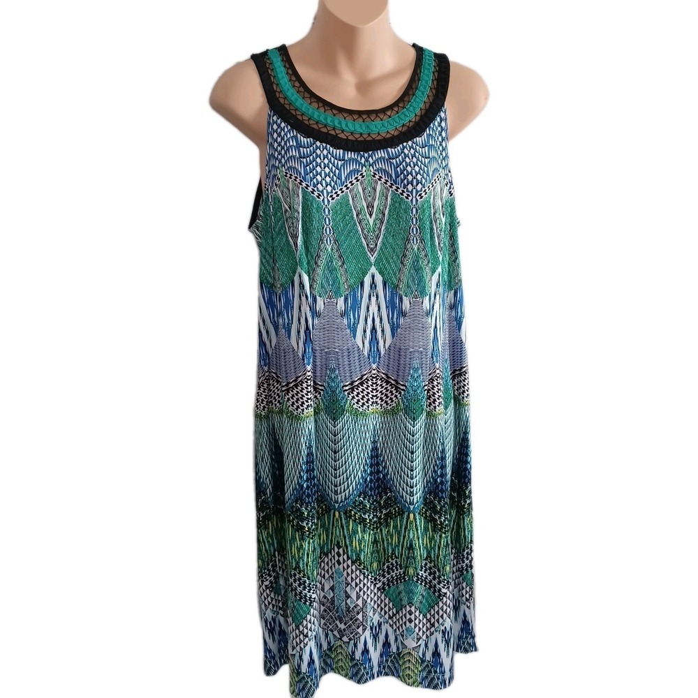 Womens Blue Green Geo Print Mesh Trim Shift Dress Size 12 Boho Artsy Vacation